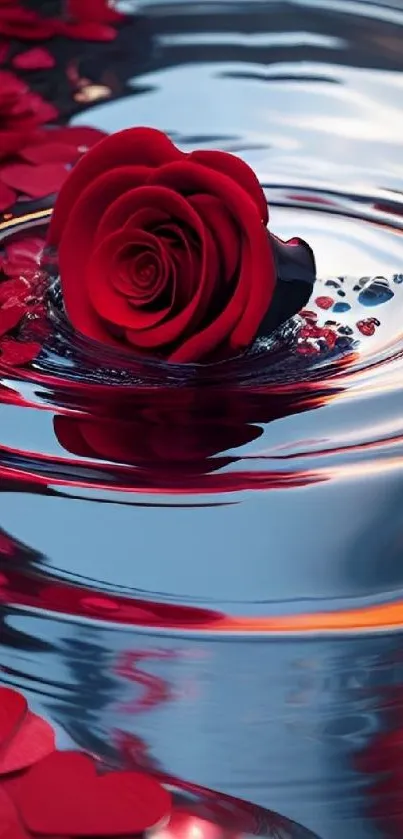 Red rose on water with petals, creating a serene and elegant reflection.