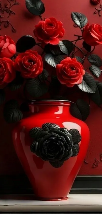 Red vase with elegant roses on decorative background.