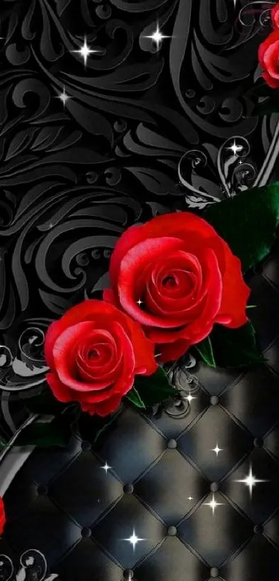 Elegant wallpaper with red roses on a black textured background.