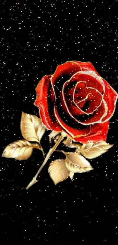 Red rose with gold leaves on starry black background.