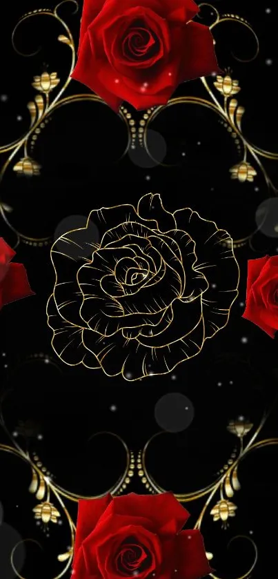 Elegant mobile wallpaper with red roses and gold accents on black background.