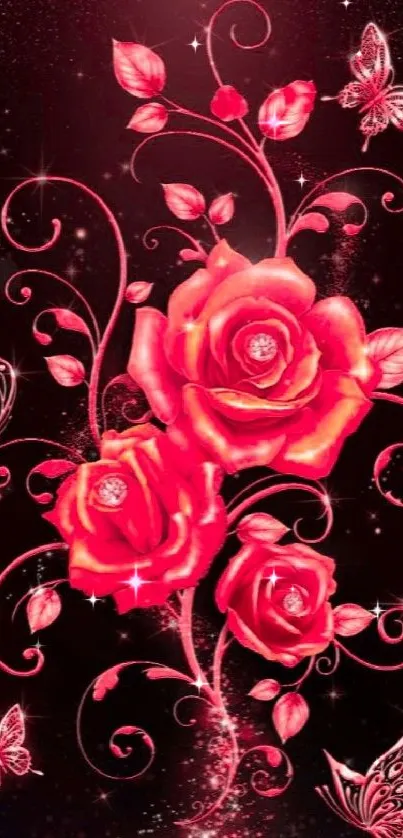 Elegant red roses with butterflies design wallpaper.