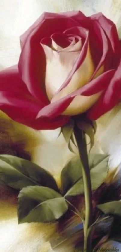 Elegant red rose with lush petals and green leaves painted in vibrant colors.