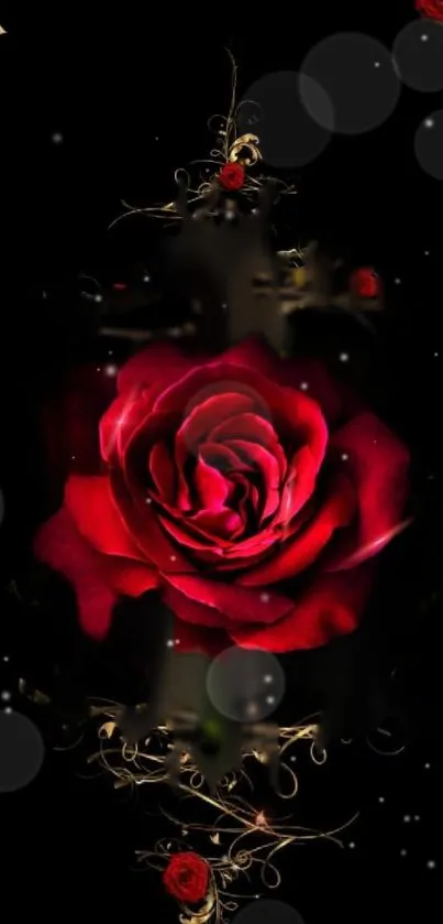 Dark wallpaper with a red rose centerpiece.