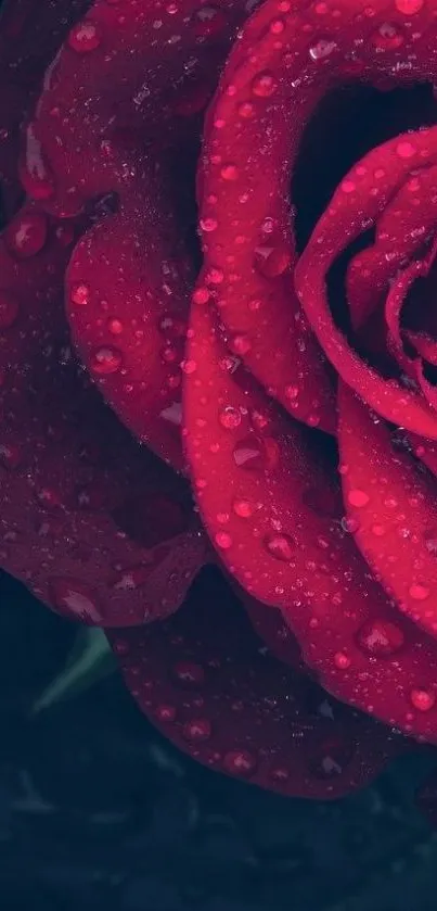 Close-up of a red rose with dewdrops against a dark background.