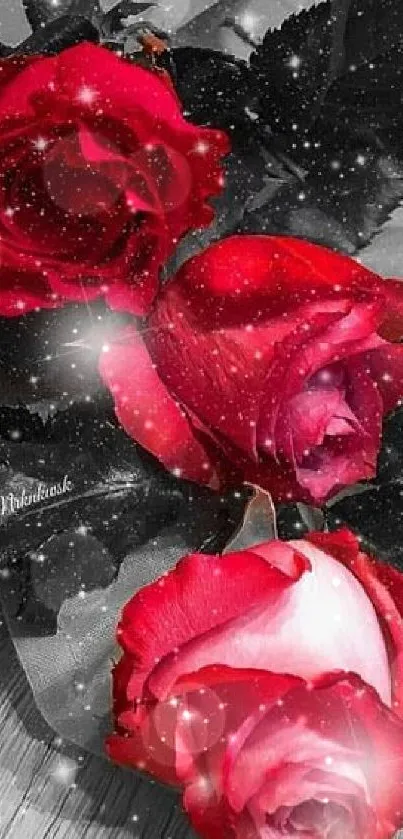 Red roses on a dark monochrome background with a touch of sparkle.