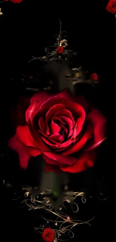 Elegant red rose on floral dark background wallpaper