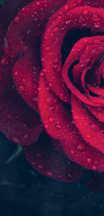 Red rose with rain droplets on dark background.