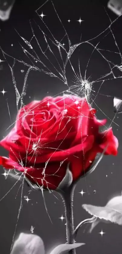 Elegant red rose with shattered glass on a dark background wallpaper.