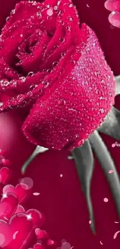 Red rose with dewdrops and hearts wallpaper.