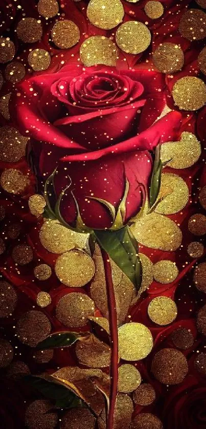 Elegant red rose with golden circles wallpaper.