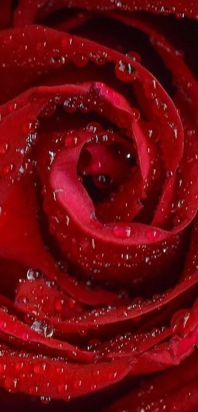 Close-up of a vibrant red rose with dewdrops on petals.