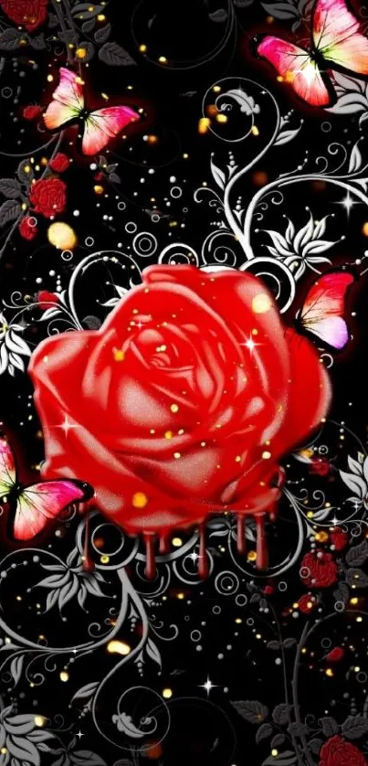 Elegant red rose and butterfly wallpaper with a dark background.