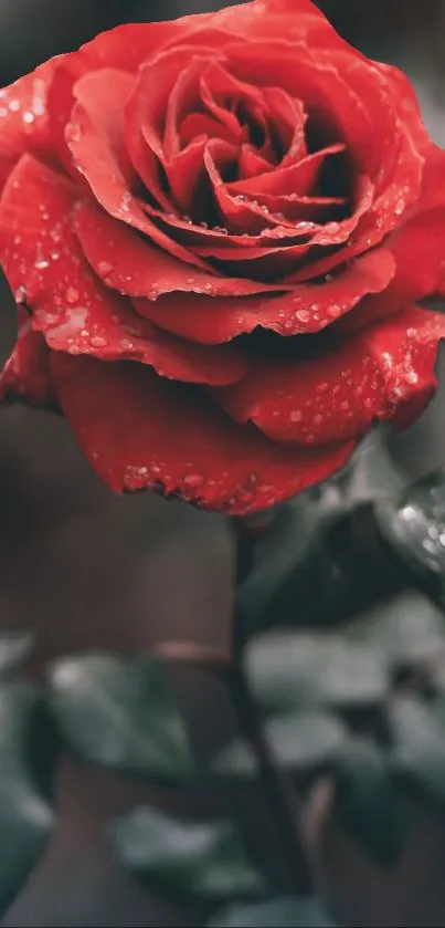 Stunning red rose with dewdrops wallpaper.