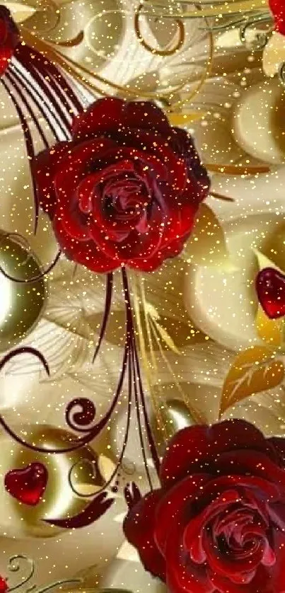 Elegant wallpaper featuring red roses and gold accents.