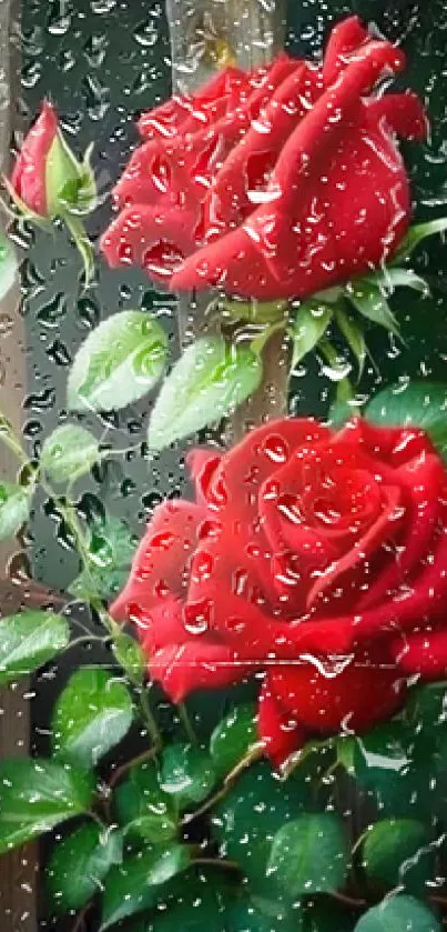 Mobile wallpaper with vivid red roses and lush green leaves.