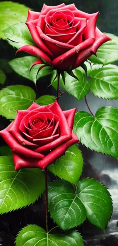 Elegant red roses and lush green leaves wallpaper for mobile phones.