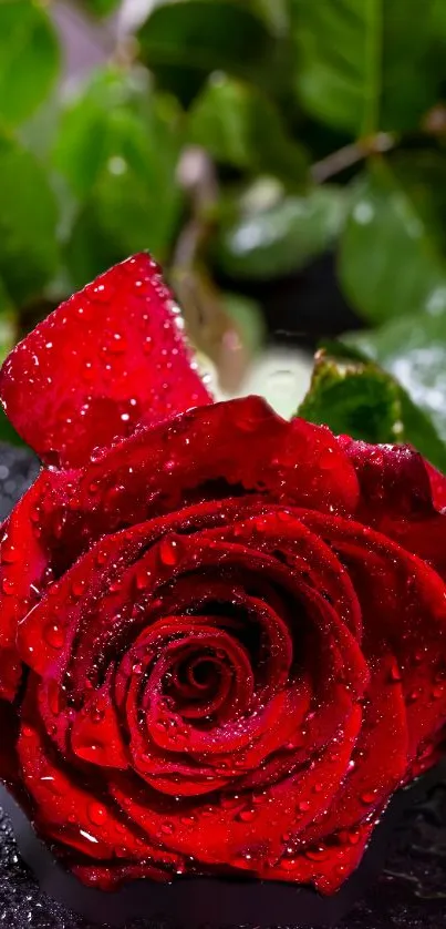 Red rose with dewdrops on petals against a leafy background.