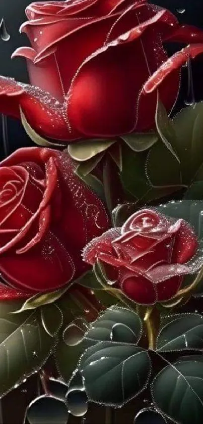 Elegant red rose wallpaper with dew drops and green leaves.