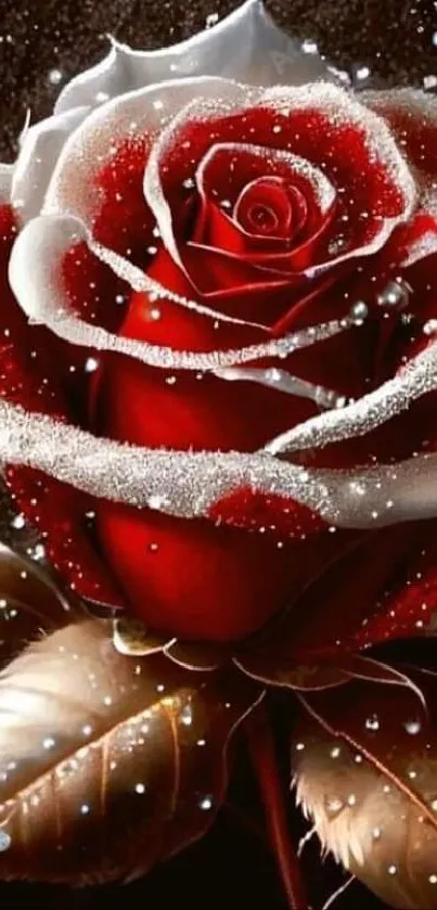 Elegant red rose with dewdrops on dark background.