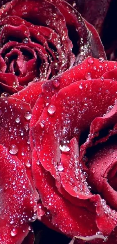 Red roses with sparkling water droplets, perfect for mobile wallpaper.