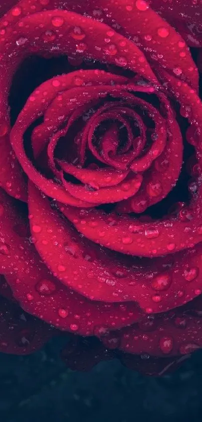 Stunning wallpaper of a dewy red rose with vibrant petals against dark foliage.