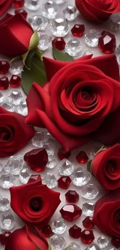 Elegant red roses with crystal accents on mobile wallpaper.