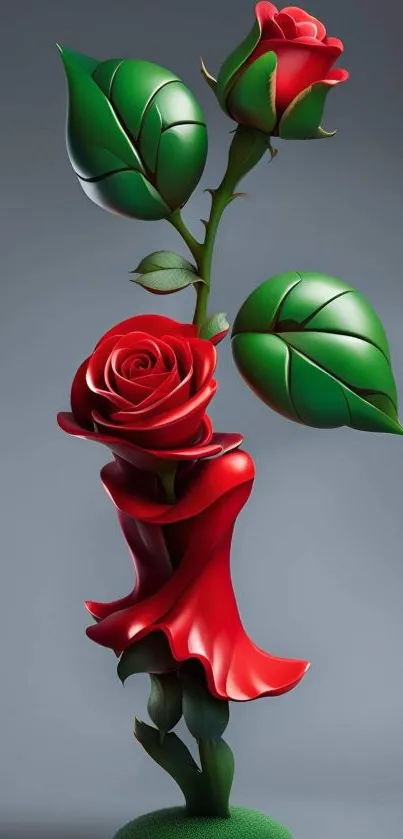 Elegant red rose with green leaves on a gradient background.