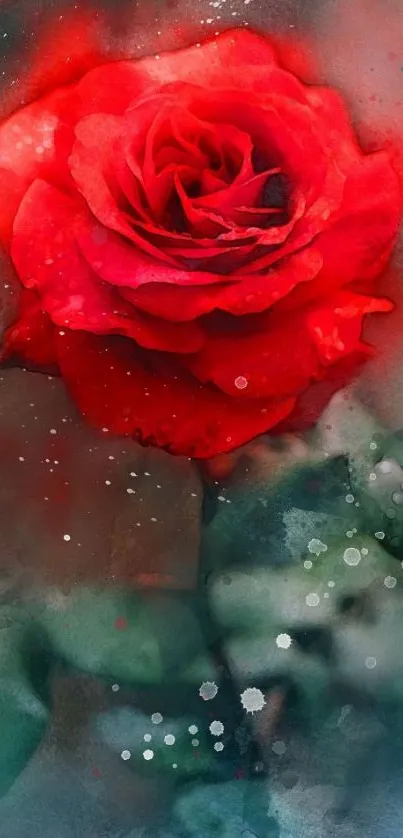 Watercolor red rose with green leaves, elegant design.