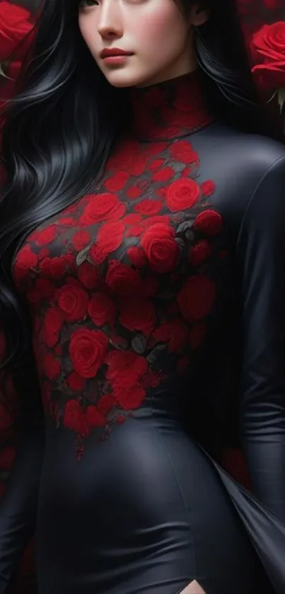 Elegant woman in black attire with red rose design on a floral background.