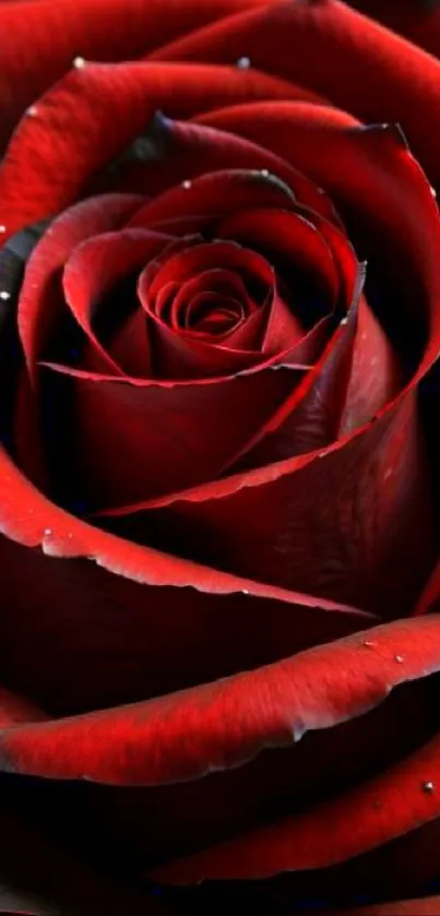 Close-up of a vibrant red rose with dewdrops.