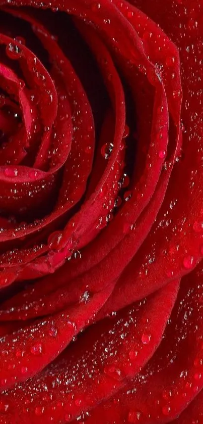 Close-up of a red rose with dew droplets on petals.