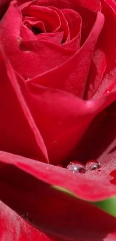 Close-up of a red rose with dewdrops on petals.