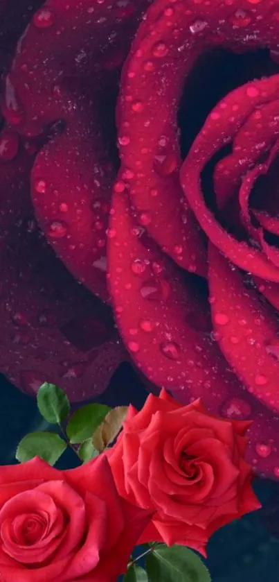 Beautiful red rose with water droplets on petals.