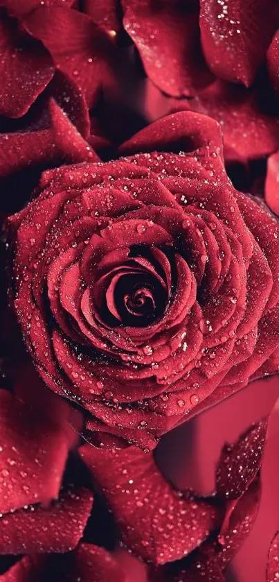 Mobile wallpaper featuring a vivid red rose with dewdrops.