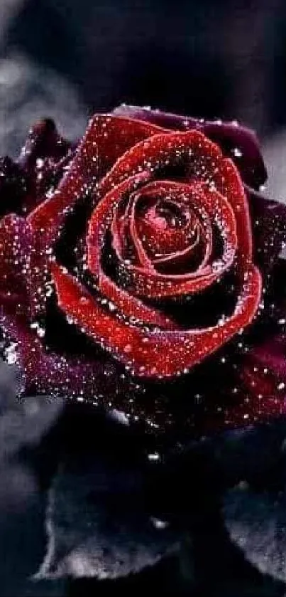 Stunning red rose with dew drops on a dark background for mobile wallpaper.