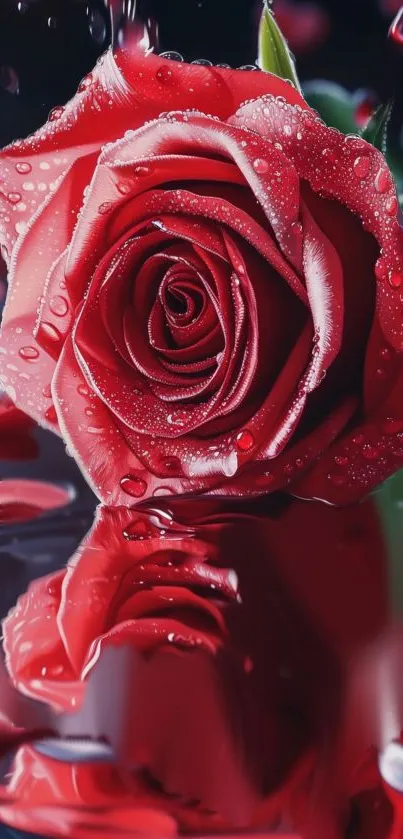 Mobile wallpaper of a red rose with dewdrops, reflected in water.