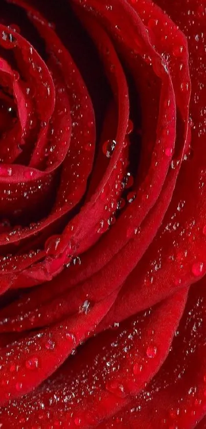 Close-up of a vibrant red rose with dewdrops on petals.