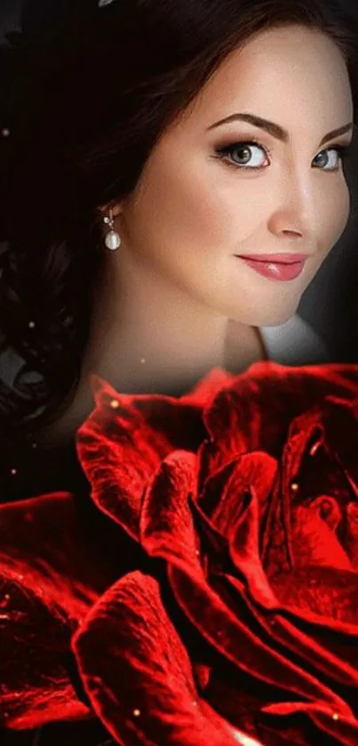 Mobile wallpaper with a red rose and woman's portrait.