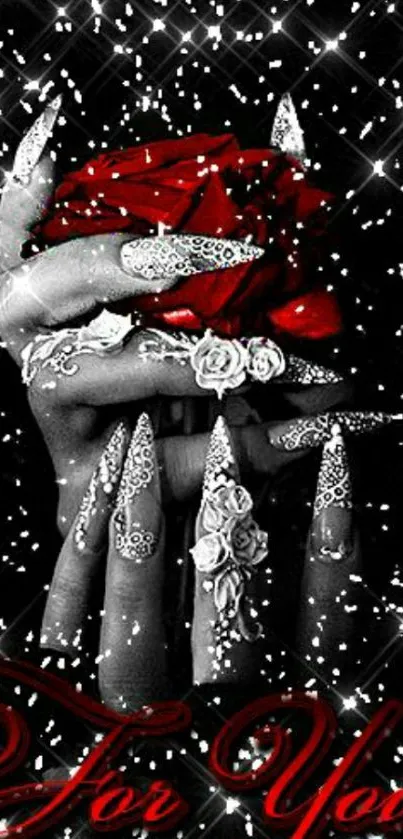 Elegant hands holding a vibrant red rose with sparkling background.