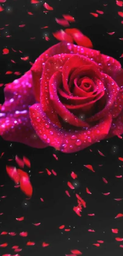 Red rose with dew drops on black background, artistic mobile wallpaper.