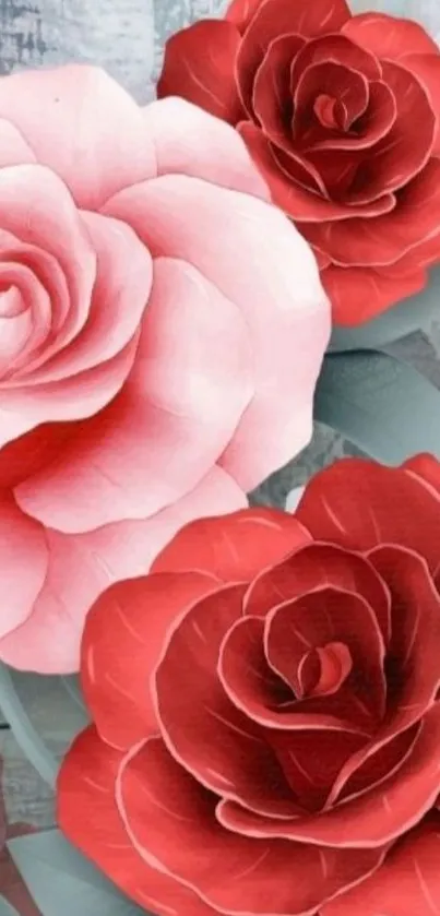 Elegant mobile wallpaper with red and pink roses on a pastel background.