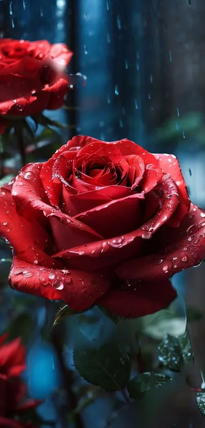 Red rose with raindrops in a beautiful, soft-focus background.