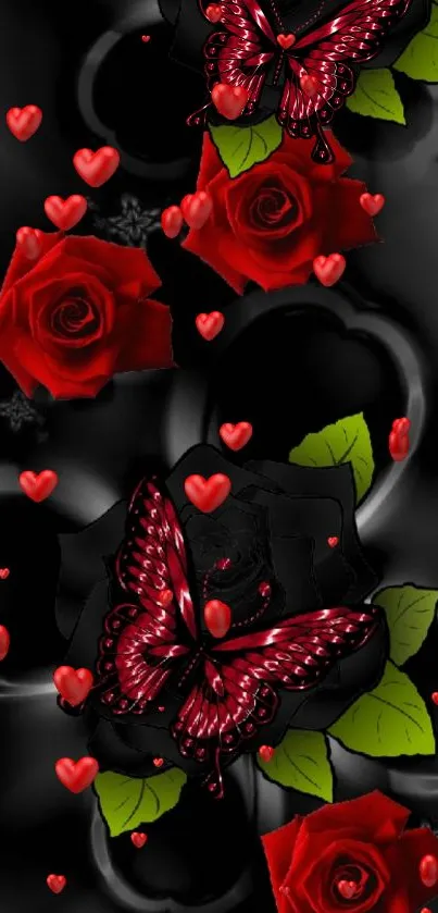 Red roses and butterflies on a black background wallpaper.