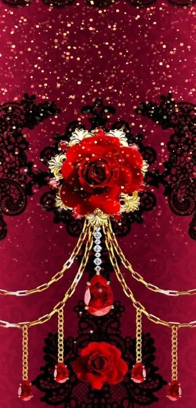 Elegant dark red wallpaper with rose and lace.