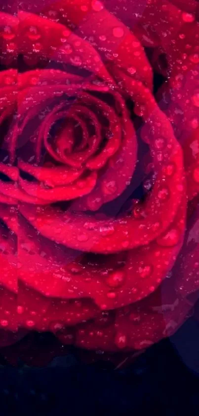 Mobile wallpaper featuring a red rose with dewdrops on a dark background.