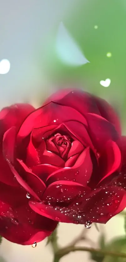 Blooming red rose with dew and heart bokeh effects