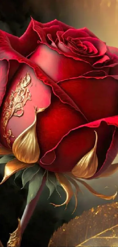 Intricate red rose with gold accents and artistic detail.