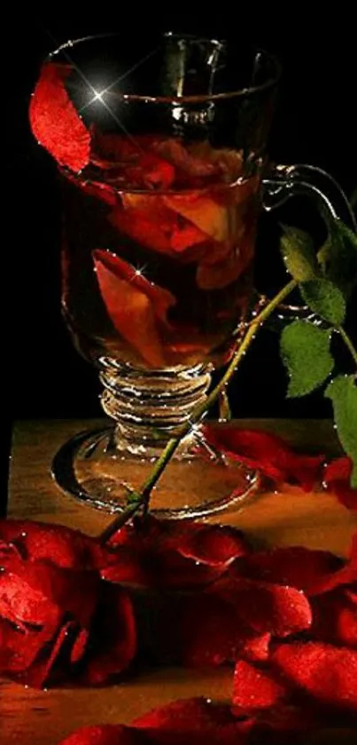 Romantic mobile wallpaper with red roses and a glass on a dark background.