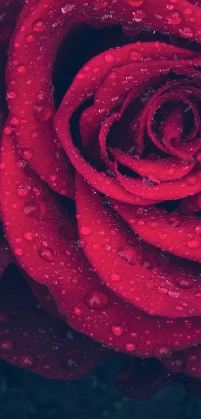 Close-up of a red rose with water droplets as elegant mobile wallpaper.